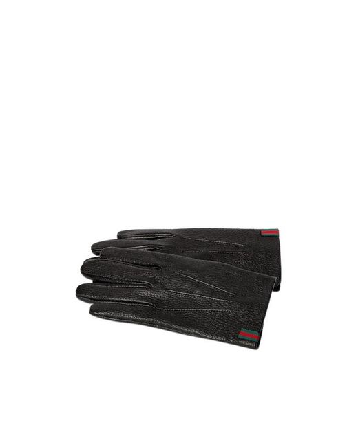 Gucci Black Grainy Leather Gloves With Web for men