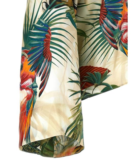 Roberto Cavalli Green Jungle Printed Wide Sleeved Satin Shirt
