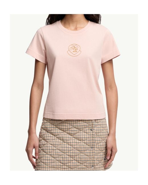 Moncler Pink Embroidered Heart Logo Cotton T-Shirt