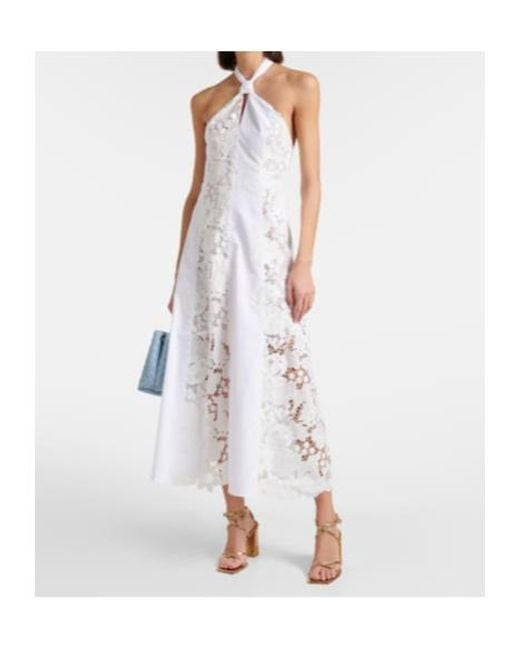 Oscar de la Renta White Halterneck Cotton Lace Midi Dress