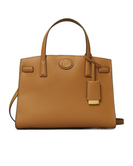 Tory Burch Brown Robinson Logo Plaque Pebbled Satchel Tote Bag