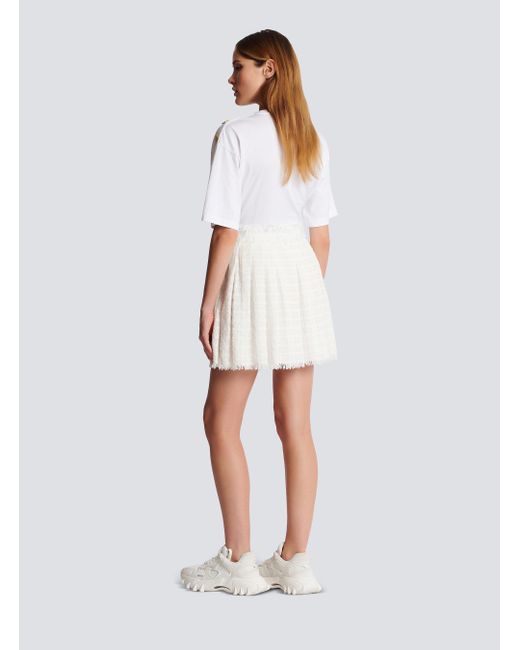 Balmain White Logo Patch Pleated Tweed Mini Skirt