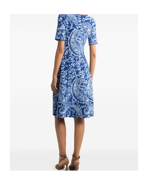 Etro Blue Jacquard Knee-Length Dress With Floral Paisley Motif