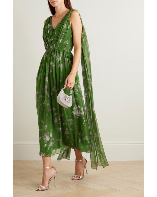 Erdem Green Shawl-Style Pleated Printed Dress