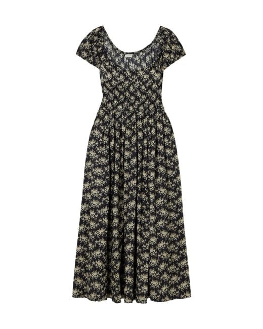 Doen Black Quinley Shirred Floral-Print Organic Cotton-Voile Midi Dress
