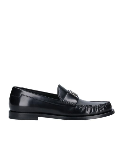 Dolce & Gabbana Black Logo-Plaque Gathered Detailed Loafers for men