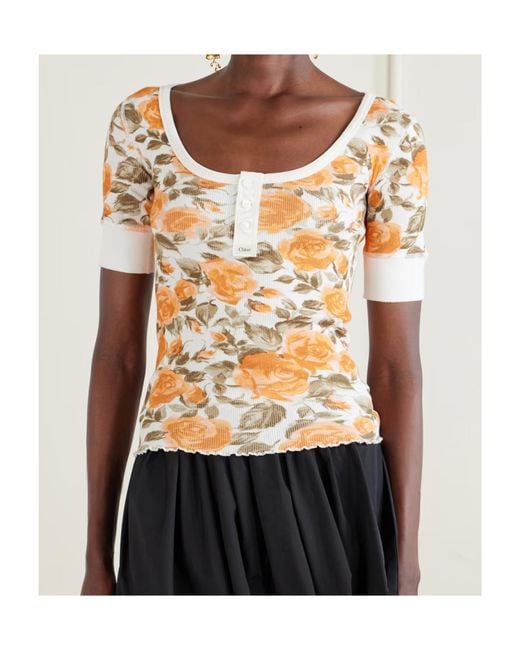 Chloé White Floral-Print Ribbed Stretch-Cotton Jersey T-Shirt