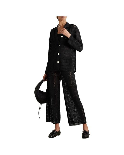 Calle Del Mar Black Pointelle Knit Wide-Leg Trousers