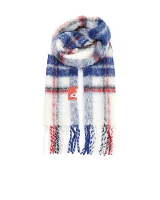 Vivienne Westwood Blue Logo Patch Checked Fringed Scarf