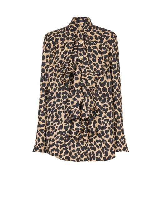 Balmain White Leopard Print Ruffled Shirt