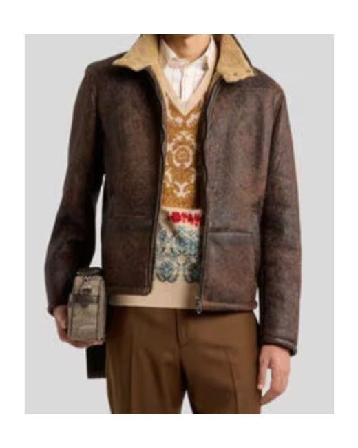 Etro Brown Shearling Jacket With Print for men