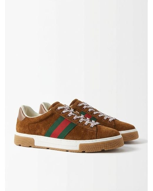 Gucci Brown Ace Sneaker With Web, Suede for men