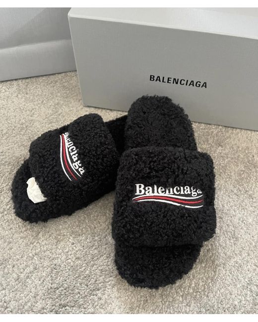 Balenciaga Black Logo Embroidered Furry Slide Sandals