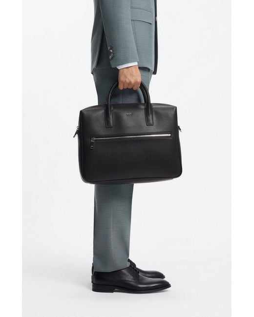 Boss Black Leather Zip Laptop Bag for men
