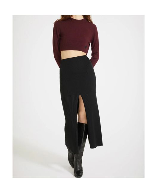 Patou Black Ribbed-Knit Front-Slit Midi Skirt