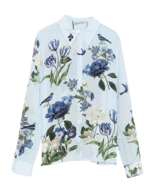 Alice + Olivia Blue Floral-Print Long-Sleeve Shirt
