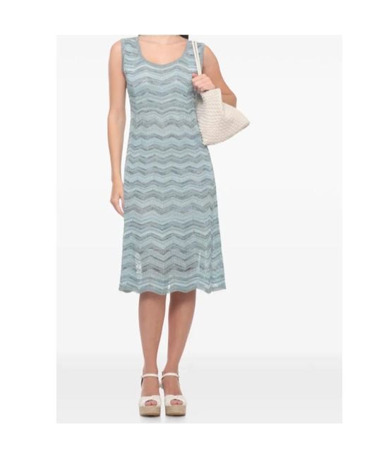 D.exterior Blue Chevron-Knit Metallic-Thread Midi Dress