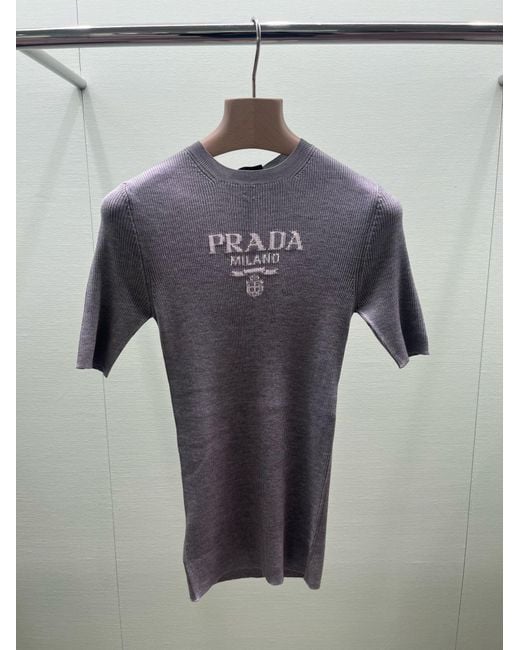 Prada Gray Silk Crew-Neck Sweater With Logo