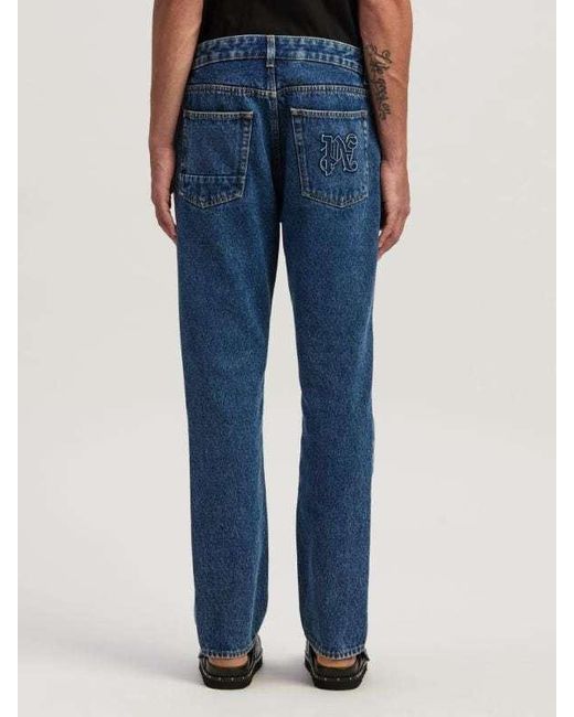 Palm Angels Blue Monogram Detailed Straight Leg Jeans for men