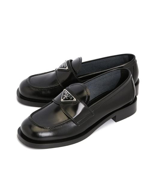 Prada Black Triangle-Logo Leather Loafers
