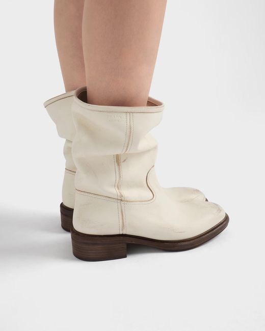 Prada Natural Leather Vintage-Effect Mid-Calf Boots 30