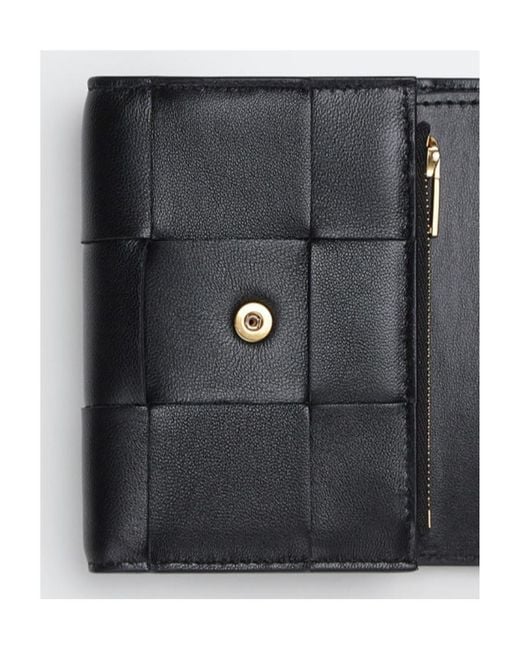 Bottega Veneta Black Intreccio Tri-Fold Zip Wallet