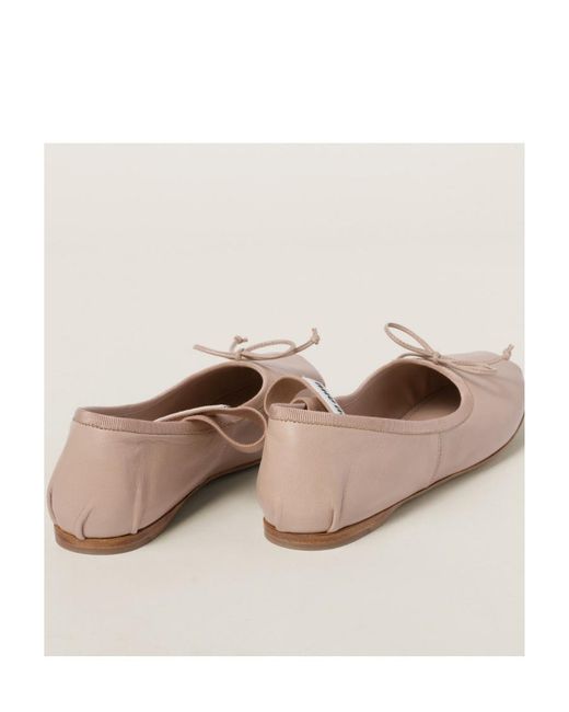 Miu Miu Pink Logo-Printed Bow Detailed Ballerina Shoes