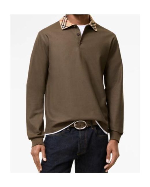 Burberry Brown Long-Sleeve Check Collar Cotton Polo Shirt for men