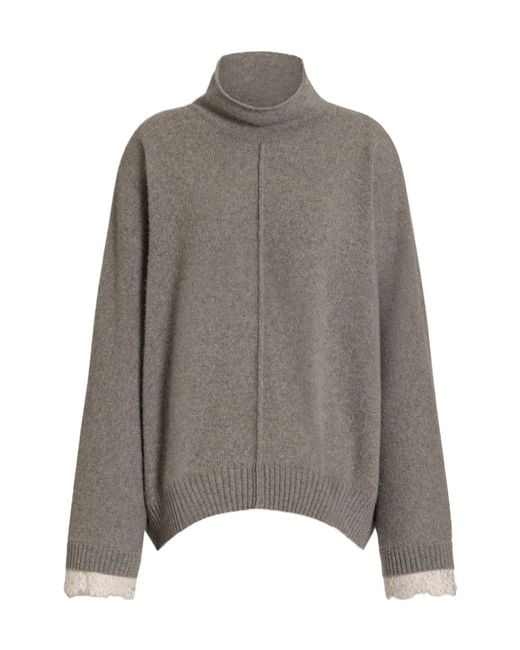 Alberta Ferretti Gray Cashmere Sweater With Contrasting Lace Cuffs
