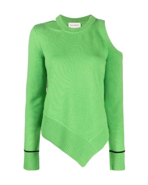 McQueen Green Asymmetric Hem Cut-Out Pullover