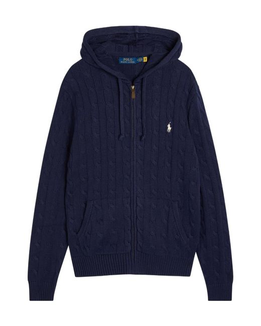 Polo Ralph Lauren Blue Logo-Embroidered Hooded Cable-Knit Cotton Jumper for men