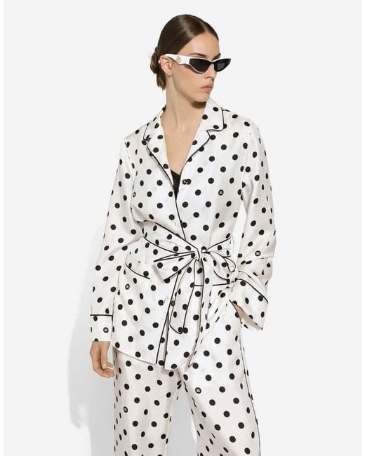 Dolce & Gabbana White Silk Polka-Dot Print Shirt