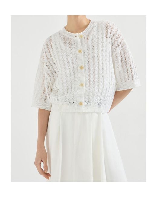 Brunello Cucinelli White Sequin-Embellished Knitted Cardigan