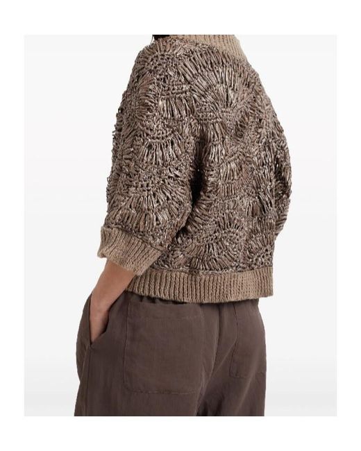 Brunello Cucinelli Brown Sequin-Embellished Knitted Cardigan