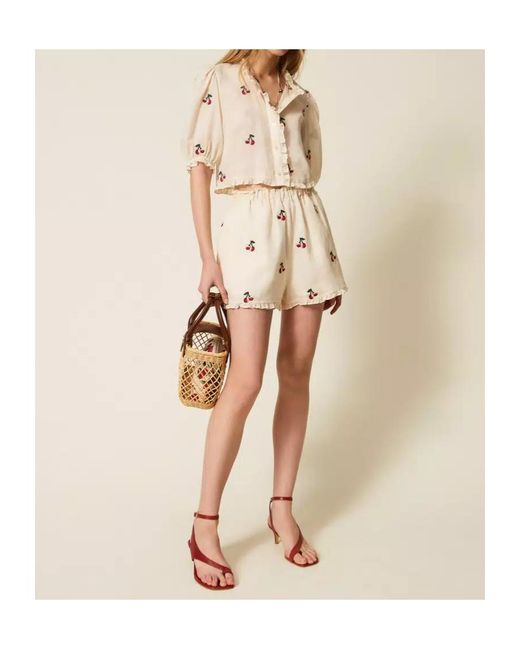 Twinset Natural Embroidered Puff-Sleeve Top