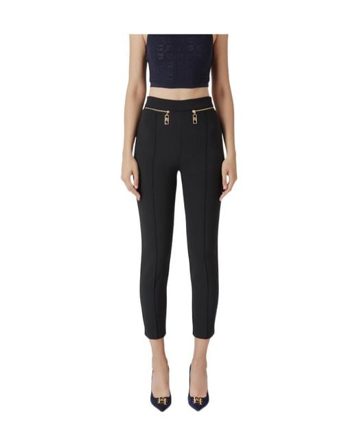 Elisabetta Franchi Black Straight-Leg Zip Detailed Crepe Trousers