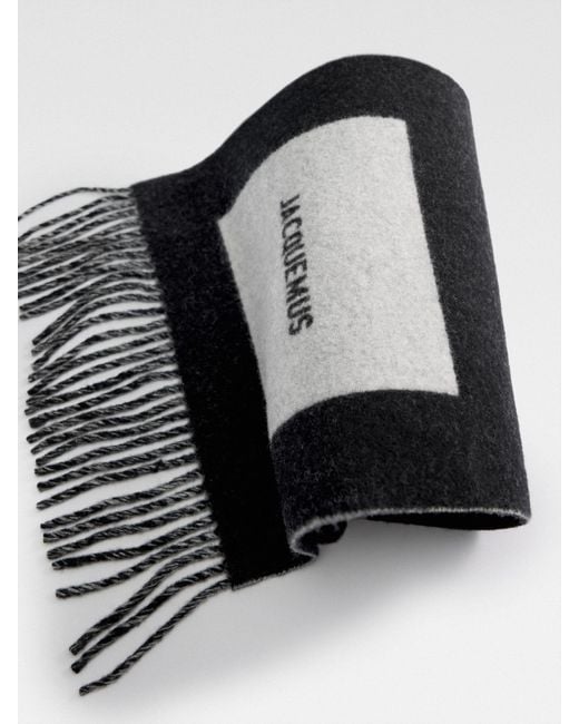 Jacquemus Black Logo Detailed Fringed Edge Scarf for men