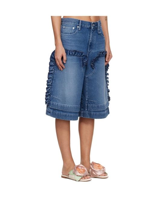 Simone Rocha Blue Ruffle Frill Board Denim Shorts With Belt Loop