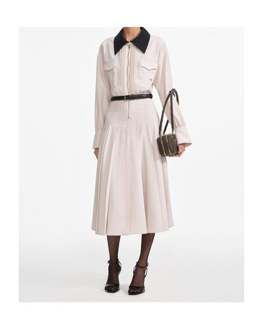 Self-Portrait White Twill Contrast Collar Midi Dress