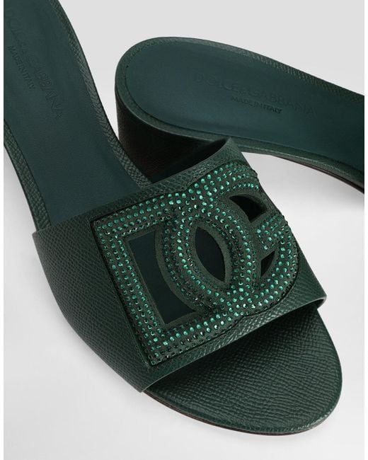 Dolce & Gabbana Green Logo-Plaque Embellished Mules