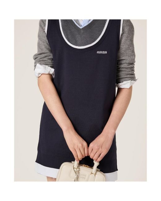 Miu Miu Blue Knit And Poplin Mini-Dress