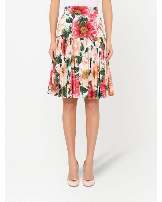 Dolce & Gabbana White Floral-Print Pleated Skirt