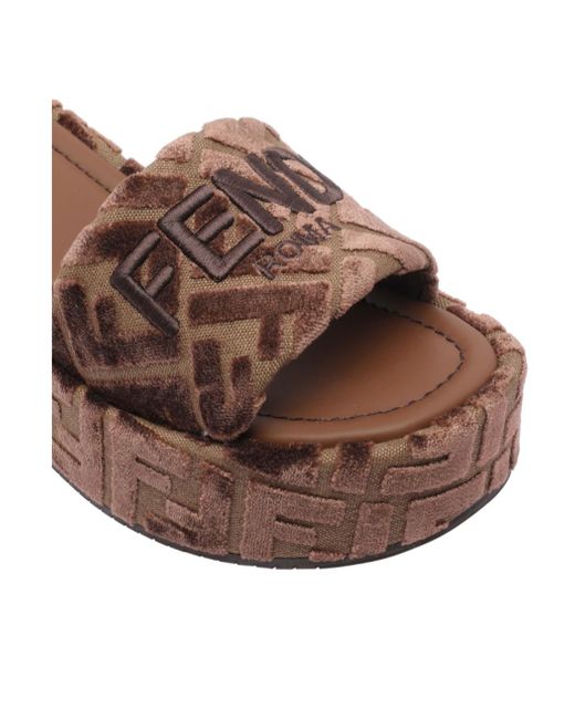 Fendi Brown Ff Logo Platform Slides