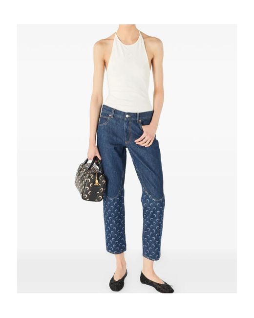 MARINE SERRE Blue Moon-Print Panelled Jeans