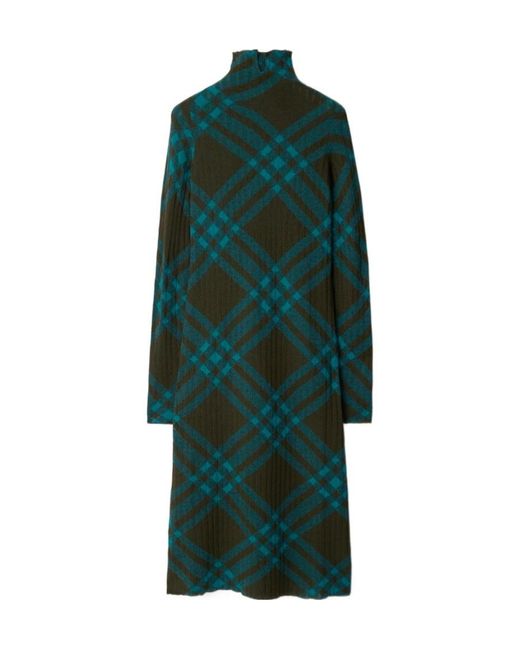 Burberry Green Checkered Mock-Neck Shift Dress