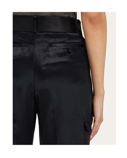Ferragamo Black Ferragamo Belted Waist Satin Cargo Trousers