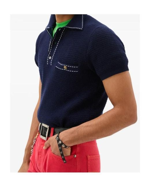 Versace Blue Contrast Stitch Polo Knitted Top for men