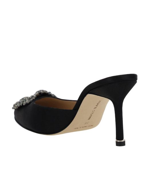 Manolo Blahnik Black Hangisimuhk Satin Buckle Embellished Mules