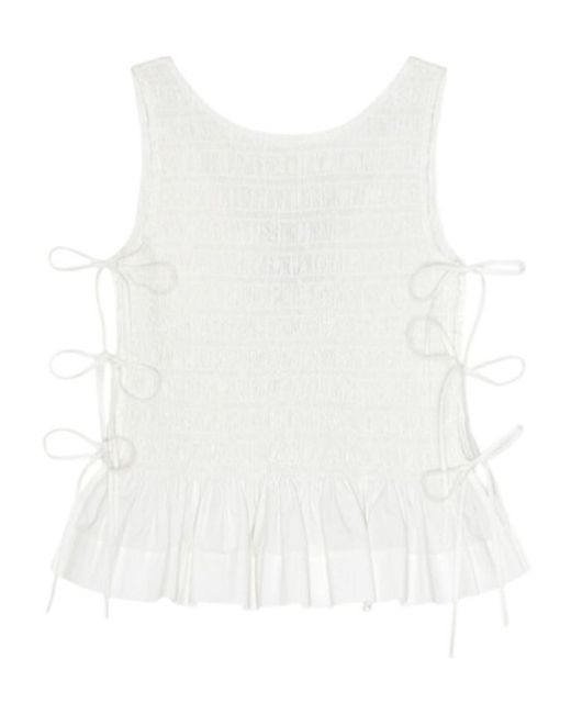Ganni White Cotton Smock Tie Top