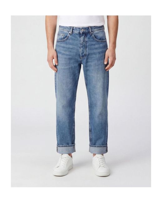 ICON DENIM Blue Monogram-Pattern Turn-Up Jeans for men